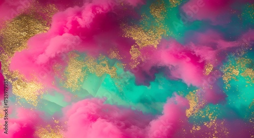 Abstract artwork featuring swirling pink smoke with gold textures against a teal background