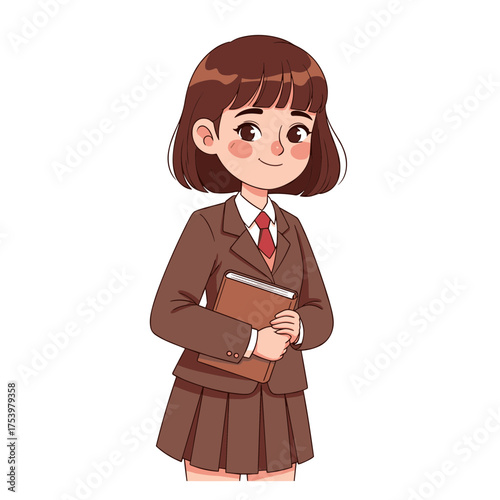 Elegant Cartoon Female Student in Brown School Uniform with Tie Holding Book, Full Body Illustration.