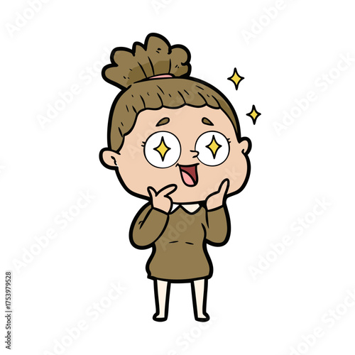 Enthusiastic Cartoon Woman with Sparkling Star Eyes, Expressing Surprise or Amazement.