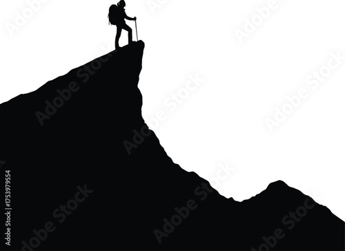 Black Silhouette of Hiker on Mountain Peak Vector Graphic - Success, Adventure, and Outdoor Achievement