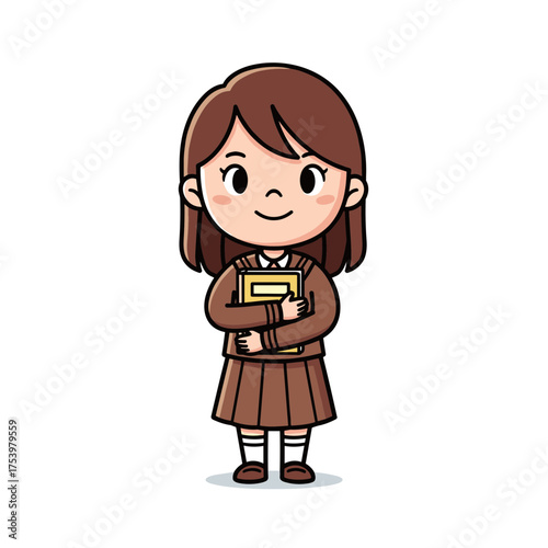 Cute schoolgirl cartoon character in uniform holding a book, perfect for education and learning themes.