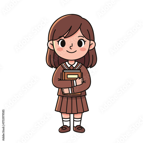 Adorable cartoon schoolgirl character in brown uniform holding a book, symbolizing education and knowledge.