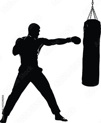 Black Silhouette of Martial Artist Punching Bag Dynamic Vector Graphic for Combat Sports Training and Fitness