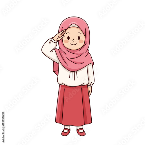 Adorable Muslim schoolgirl in a pink hijab and uniform, respectfully saluting.
