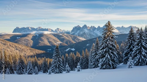 A panoramic winter scene depicts snow-covered mountains, evergreen forests, & sunlit valleys under a clear blue sky with contrails