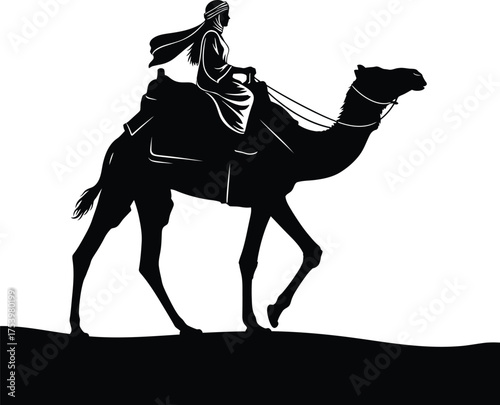 Arabic Bedouin Man Riding Camel Silhouette in Desert Vector Illustration