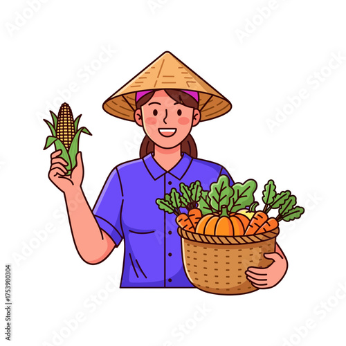 Cheerful Female Farmer in Conical Hat Holding Corn and Basket of Fresh Vegetables