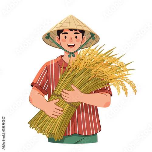 Smiling Asian Farmer in Conical Hat Holding Golden Harvested Rice Stalks