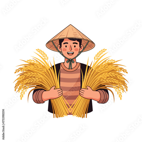 Happy Farmer in Conical Hat Holding Two Bundles of Golden Rice Harvest