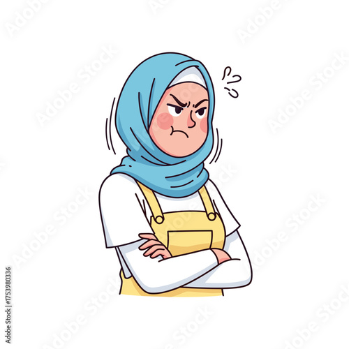 Very Annoyed Muslim Woman in Blue Hijab and Yellow Overalls, Expressing Intense Frustration