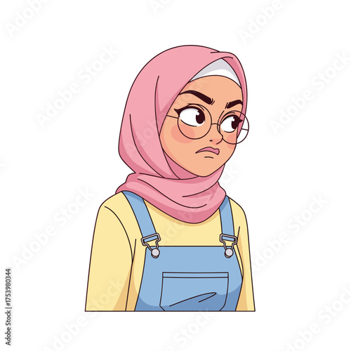 Annoyed Muslim Woman with Glasses in Pink Hijab and Blue Overalls Looking Displeased