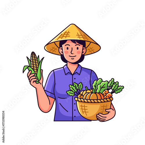 Happy Female Farmer in Conical Hat with Corn and Basket of Garden Vegetables