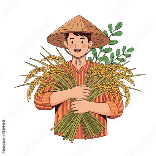 Joyful Asian Farmer in Conical Hat with Golden Rice Harvest and Green Leaves