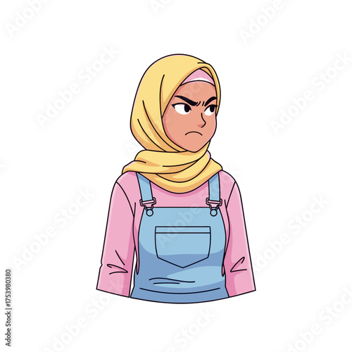 Annoyed Muslim Woman in Yellow Hijab and Blue Overalls Looking Displeased to the Left