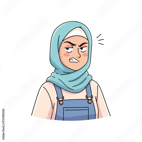 Frustrated Muslim Woman in Blue Hijab and Overalls with Angry Expression