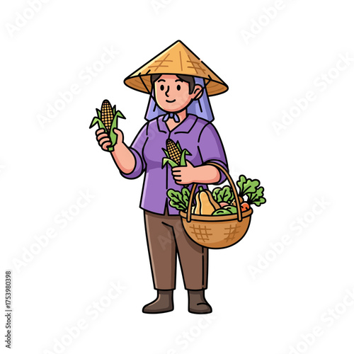 Happy Female Farmer in Conical Hat Holding Two Corns and Basket of Vegetables