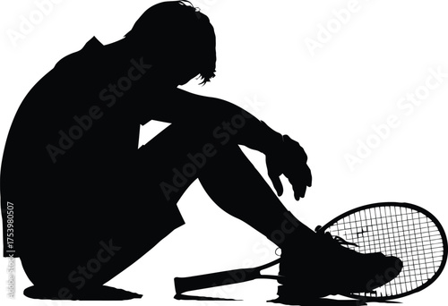 Dejected Tennis Player Silhouette After Loss Sitting with Racket