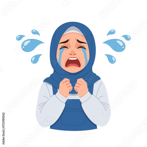 Heartbroken Muslim Woman in Blue Hijab Crying with Hands Clasped in Distress