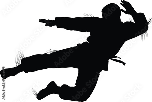 Black Silhouette of Martial Arts Fighter Performing Dynamic Flying Kick with Motion Lines on White Background
