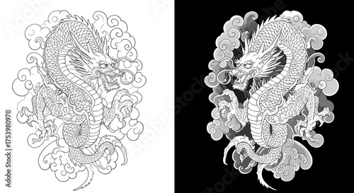 Detailed illustration of a traditional East Asian dragon surrounded by swirling clouds in monochrome