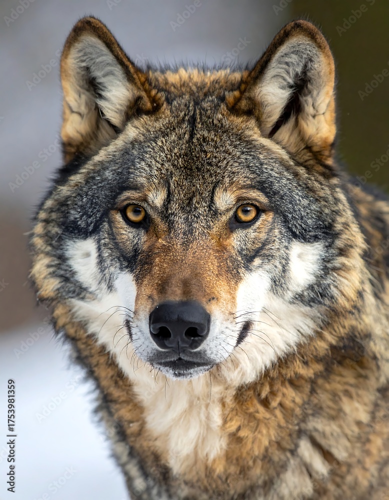 Obraz premium Close-up of a wild canid with amber eyes. Frontal view, soft focus