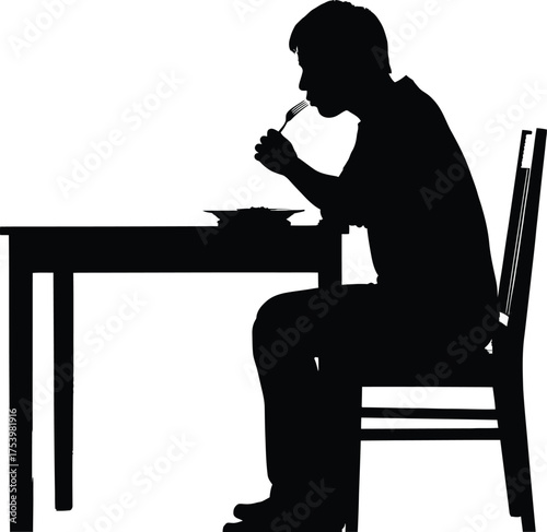 Silhouette of a person eating at a table with a fork, depicting a mealtime scene, isolated on white background