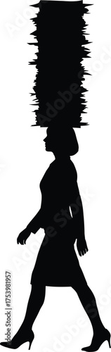 Woman Silhouette Carrying Tall Jagged Stack of Documents Workload Stress Burden Concept