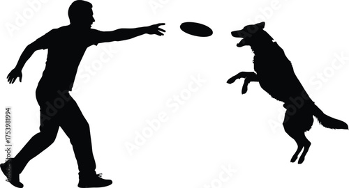 Man and Dog Playing Frisbee Silhouette Vector Graphic