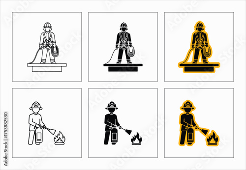 Firefighter In Action Vector Icon Set Emergency Response Safety Illustrations First Responders