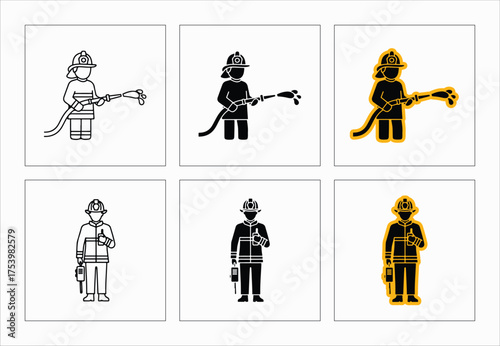 Firefighter Icon Set Depicting Professional Rescuers In Action Poses And Safety Equipment Illustrations
