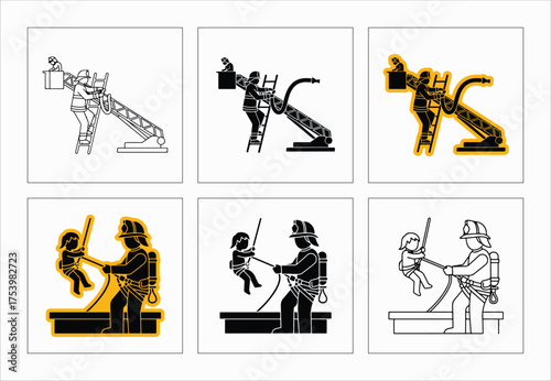Firefighter Rescuing Child Vector Illustrations Showcasing Emergency Services And Heroic Actions In Different Styles