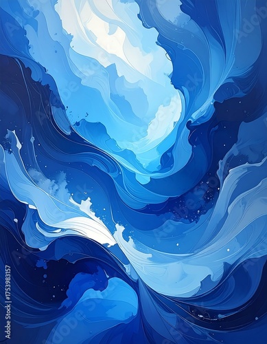 Abstract artwork in shades of blue, resembling flowing water or ethereal forms, vibrant and dynamic