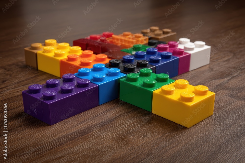 Fototapeta premium Colorful Lego Bricks Interlocked and Arranged on Wooden Table