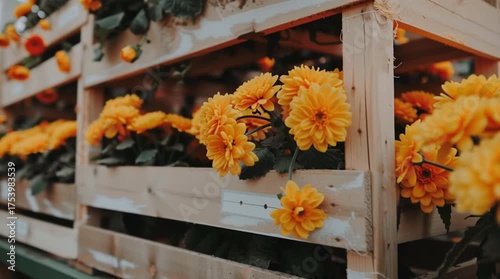 Vibrant Yellow Flowers in Rustic Wooden Crates, Autumnal Blooms Displayed in Natural Wood Containers