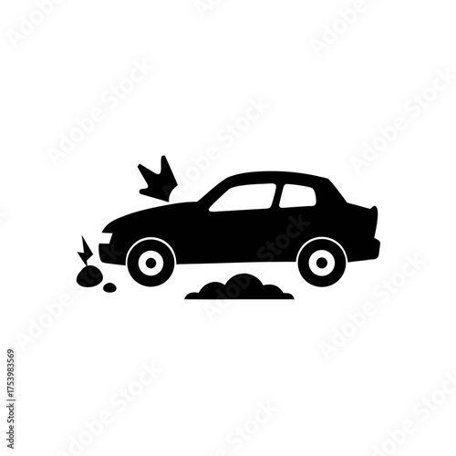 Car accident with arrow pointing to hood on transparent background silhouette