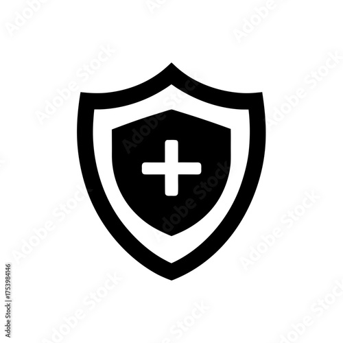 Black shield with plus sign in the center on transparent background silhouette