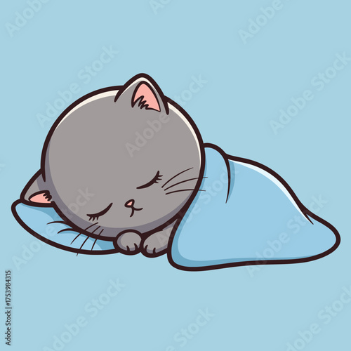 Adorable grey kitten sleeping soundly on a pillow with a blue blanket.