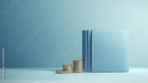 A blue wallet stands next to a small stack of coins on a light blue background