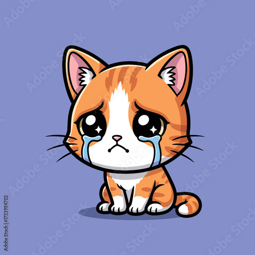 Sad orange tabby cat with big tears crying, expressing sorrow, disappointment, or empathy, cartoon vector illustration.