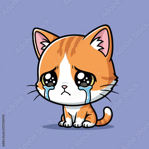 Emotional orange tabby cat shedding large tears, conveying sadness and heartbreak, cartoon vector for children.