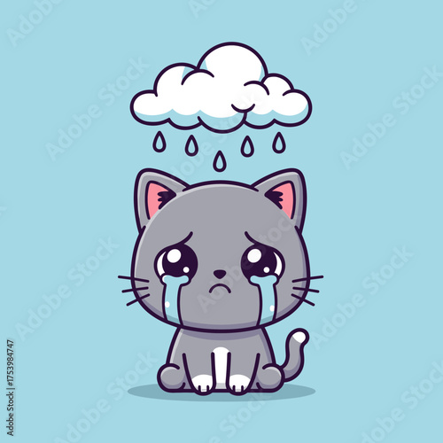 Melancholy grey cat crying big tears under a rain cloud, representing sorrow and a gloomy mood, cartoon vector.