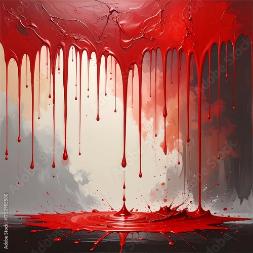 Abstract artwork of crimson paint dripping dramatically onto a dark surface