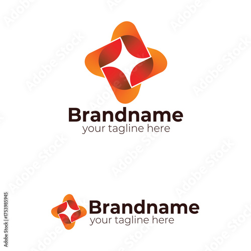 Abstract Swirling Four-Point Star Logo Design Template in Warm Orange Red Gradient for Technology Communication or Energy Company