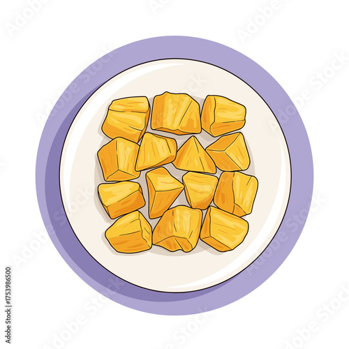 Crispy Fried Tofu Chunks on a Plate, Delicious Vegetarian Appetizer or Snack Illustration