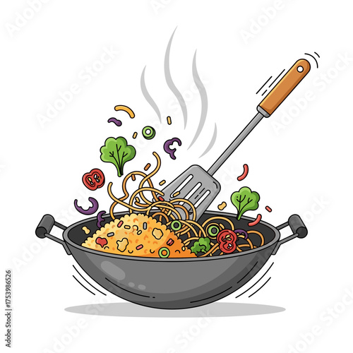 Stir-Frying Noodles and Rice with Vegetables in a Wok, Steam and Spatula Action Illustration