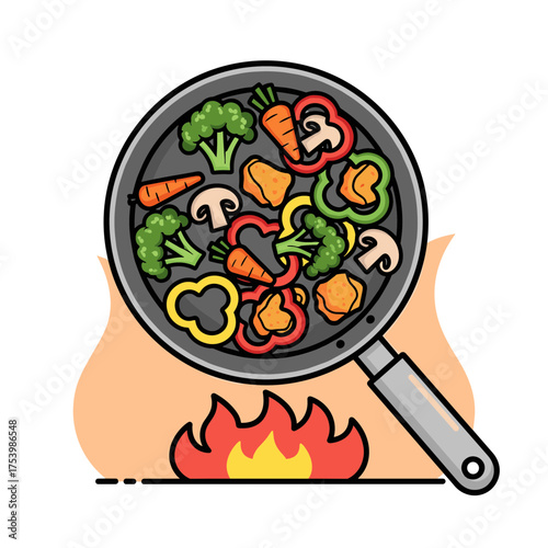Frying Pan with Colorful Vegetables and Tofu Cubes on Fire, Healthy Cooking Illustration