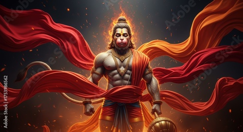 Powerful depiction of lord hanuman, the hindu deity, with flowing vibrant fabrics and a mace
