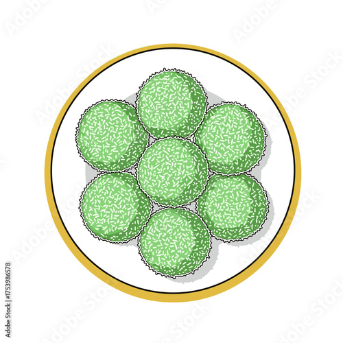 Plate of Green Sweet Dumplings, Traditional Asian Dessert or Snack Illustration