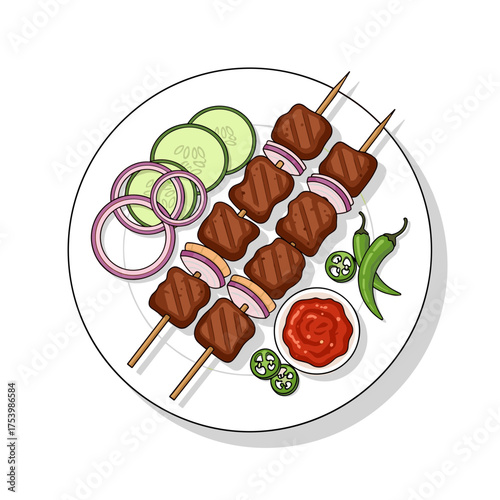 Appetizing Grilled Meat Skewers with Cucumber, Red Onion Rings, Fresh Chili, and Red Dipping Sauce, Asian Dish.
