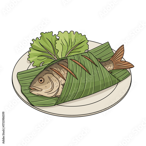 Traditional Indonesian Grilled Fish Wrapped in Banana Leaf with Fresh Lettuce, Healthy Seafood Dish Illustration.